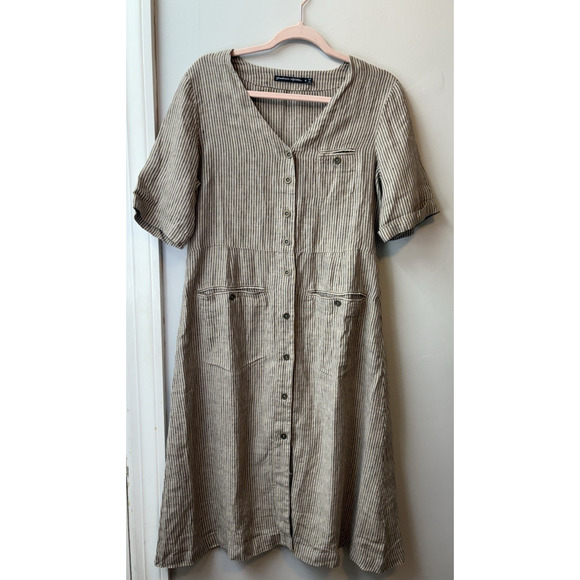 Gudrun Sjoden Brown Striped Pocket Dress Linen Organic Cotton Size S EUC - Picture 5 of 16
